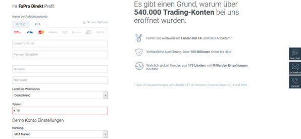 Das Kontoeröffnungsformular für ein Demokonto bei FxPro