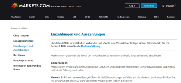 Einzahlungen und Auszahlungen bei Markets.com