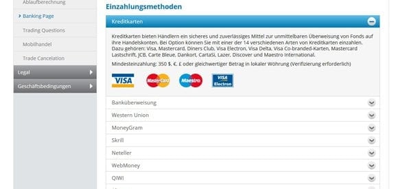 Screenshot OptionFair Banking Zahlungsarten