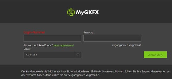 Der GKFX Log-In Bereich in der Übersicht