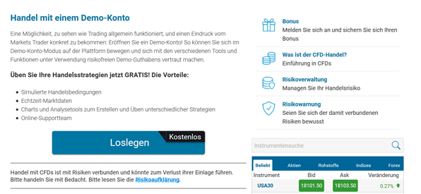 Das Demokonto bei Markets.com