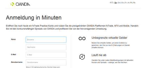 Das Eröffnungsformular für das Oanda Demokonto