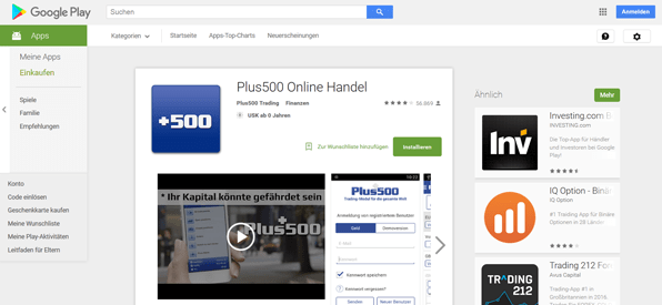 Die Plus500 App im Google Play Store