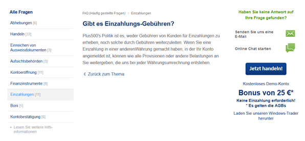 Infos zu den Einzahlungsgebühren in den FAQ