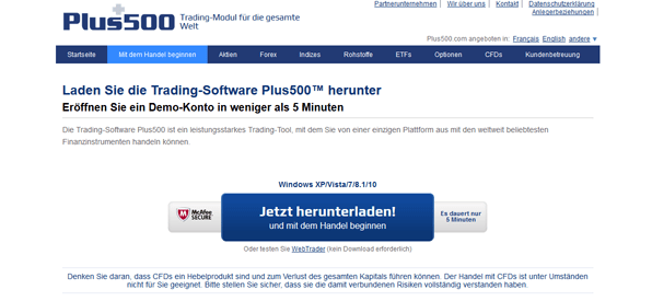 Der Download der Plus500-Plattform