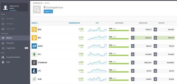 Auswahl Kryptowährung eToro