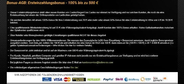Rollover-Vorgaben für den Ladbrokes Casino Willkommensbonus