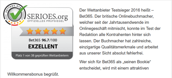 Das SERIOES.org Siegel wird geprüften Online Buchmachern verliehen.