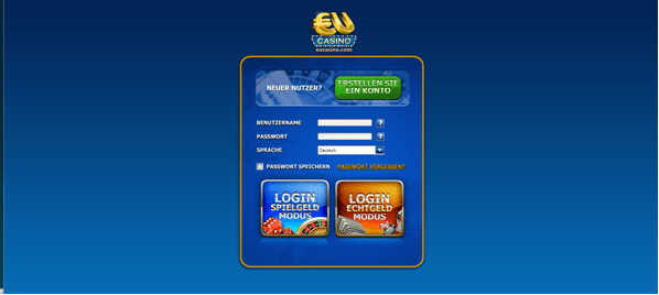 Die Anmeldemaske von EU Casino