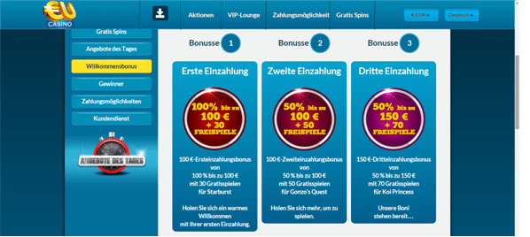 Die Bonusseite von EU Casino