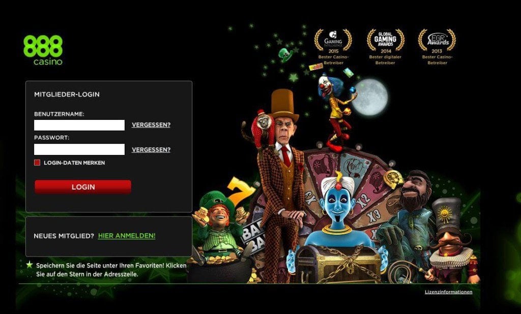 Anmeldung für 888 Casino Spiel.