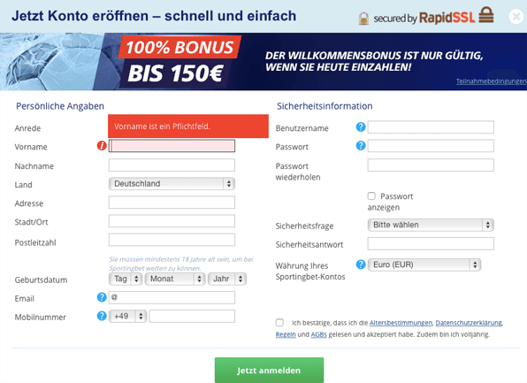 Anmeldeformular Kontoeröffnung Sportingbet