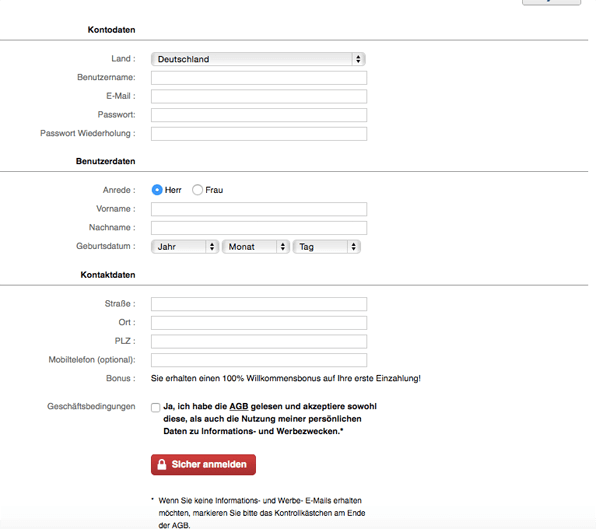 Anmeldeformular für die Kontoeröffnung