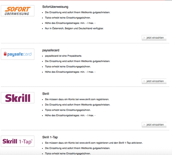 Auswahl Zahlungsmöglichkeiten Einzahlung