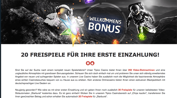 Angebotsseite Willkommensbonus 20 Freispiele