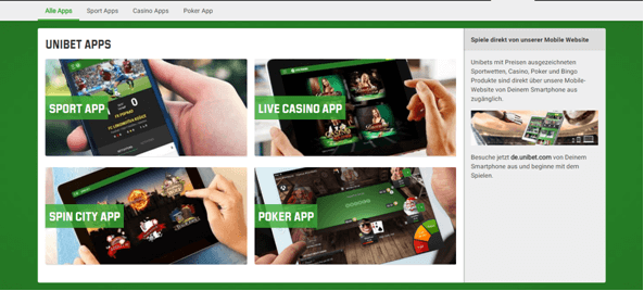 Das App-Angebot von Unibet