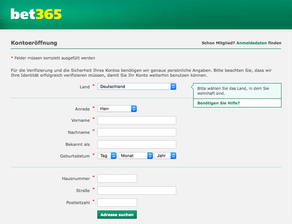 Anmeldeformular für das bet365 Casino