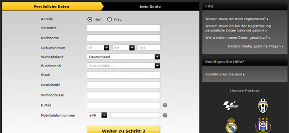Das Registrierungsformular von bwin
