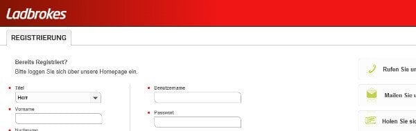 Anmeldeformular von Ladbrokes Casino