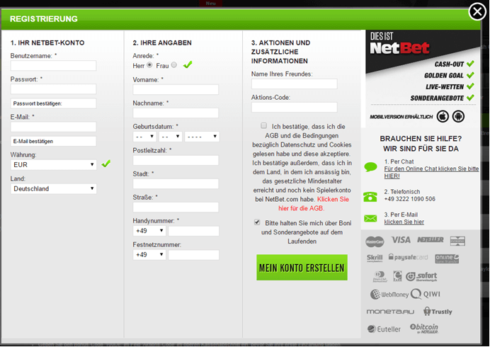 NetBet Registrierungsfenster