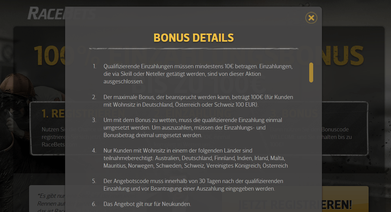 Screenshot Bedingungen RaceBets Wettbonus
