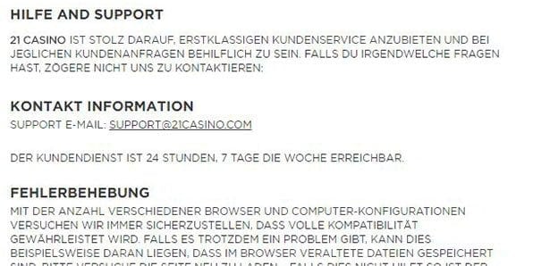 21 Casino Kundensupport