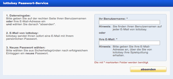 Passwort-Formular Lottobay