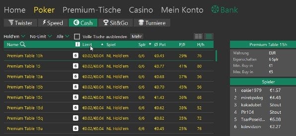 Tische nach Limits sortieren in der bet365 Poker Software