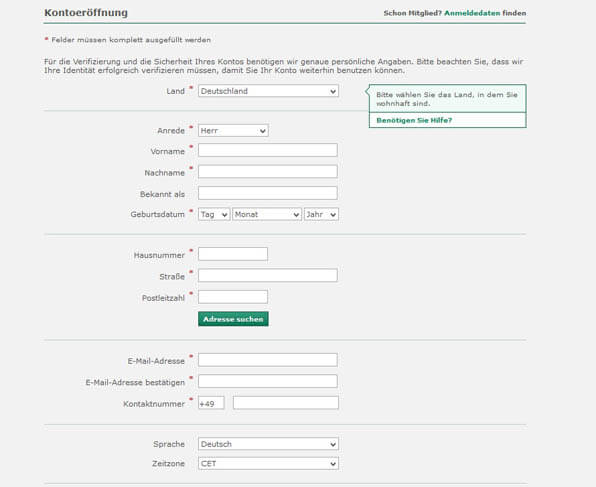 Das Anmeldeformular von bet365