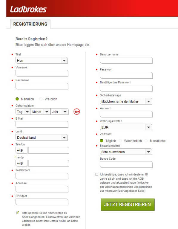Das Anmeldeformular bei Ladbrokes