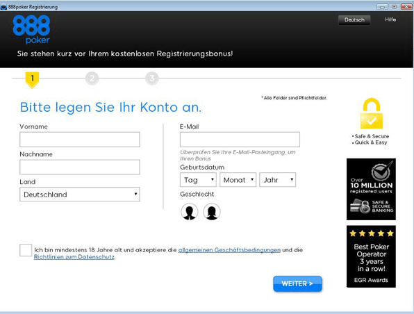 Unkomplizierte Kontoeröffnung bei 888 Poker