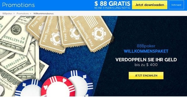 Bei 888 Poker winkt ein hoher Willkommensbonus