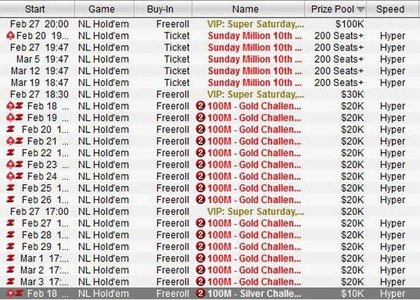 Hier ist beispielsweise eine Auswahl von Freerolls auf der Pokerplattform Pokerstars zu sehen.