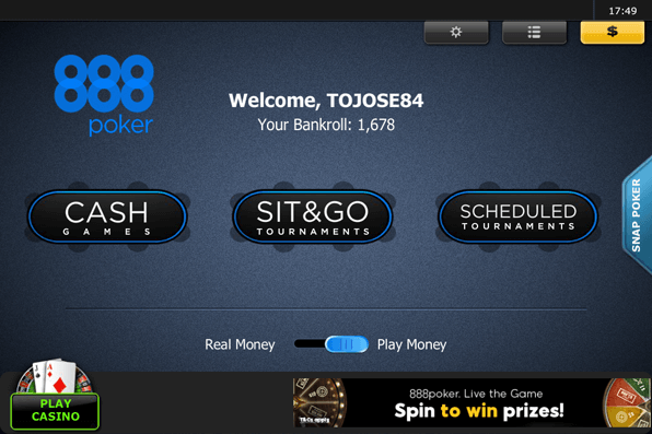 Die Startseite der 888poker App ist sehr übersichtlich gestaltet