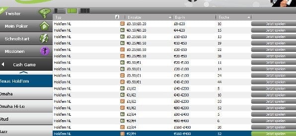 So sortieren Sie die Tische nach Tischlimits in der bet-at-home-Poker-Software