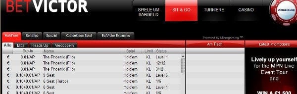 Sit & Go Auswahl BetVictor Poker Client