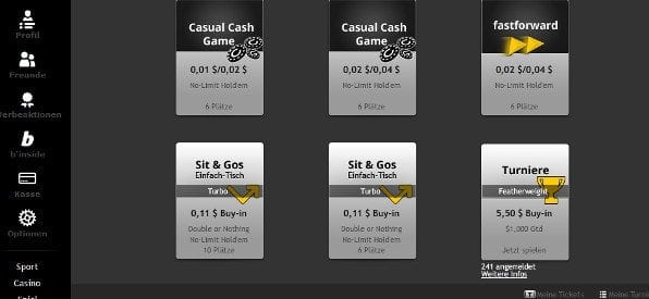 Spiel-Auswahl in der bwin Poker Software