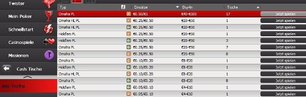 Cash-Games sortieren in der Ladbrokes Poker-Software