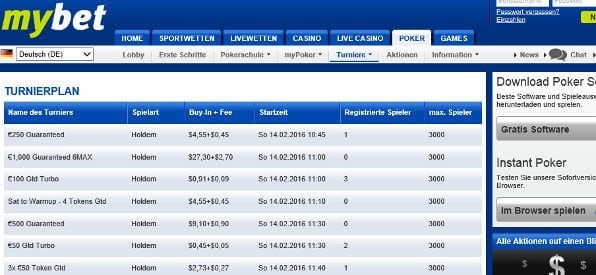 Turnierplan auf mybet Poker