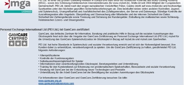 Lizenz-Übersicht auf mybet.com