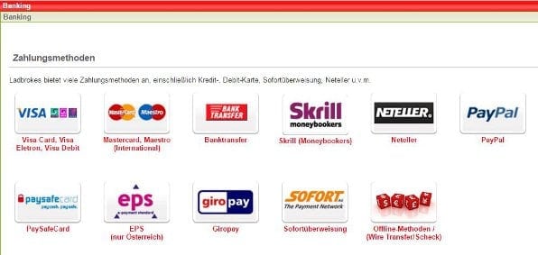 Ladbrokes bietet einige Zahlungsmethoden wie beispielsweise PayPal