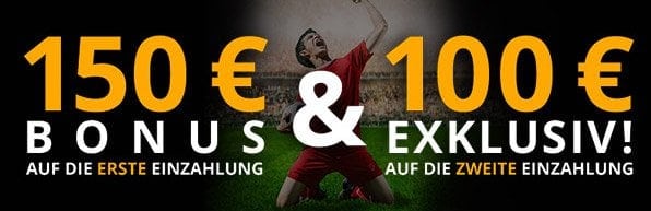 100% bis 150 + 100€ Bonus auf ihre erste Einzahlung im Betway Neukundenbonus.