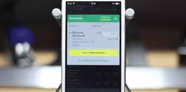 bet365 App Ansicht, anhand einer Beispielwette. Über den gelben Button bestätigen Sie die Wette.