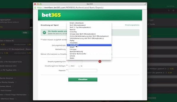 Bet365 bietet ein Vielzahl an Zahlungsmethoden wie beispielsweise PayPal
