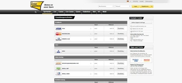 Interwetten bietet eine Vielzahl an Zahlungsmethoden wie beispielsweise PayPal
