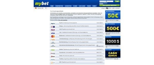 Mybet bietet eine Vielzahl an Zahlungsmethoden wie beispielsweise PayPal