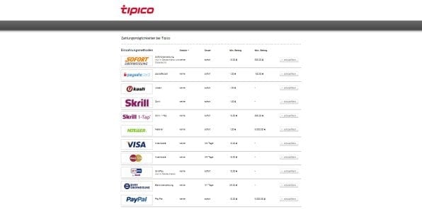 Tipico bietet eine Vielzahl an Zahlungsmethoden wie beispielsweise PayPal