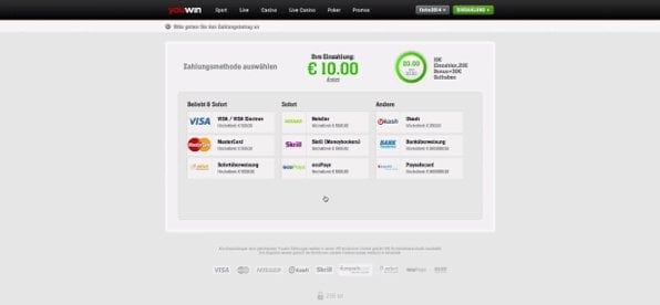 youwin bietet einige Zahlungsmethoden wie Kreditkarten und e-Wallets