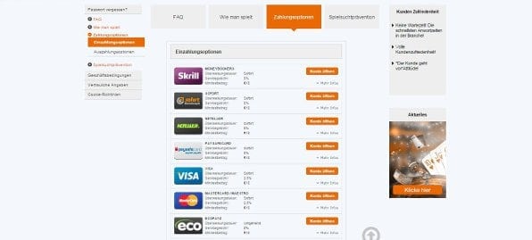 Betsson bietet einige Zahlungsmethoden wie beispielsweise Kreditkarten und E-Wallets