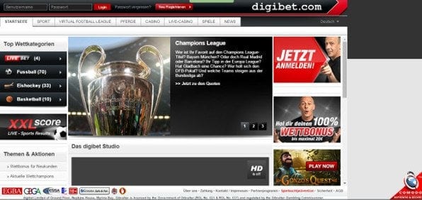 Die Startseite von digibet: leichte Defizite in Sachen Übersichtlichkeit